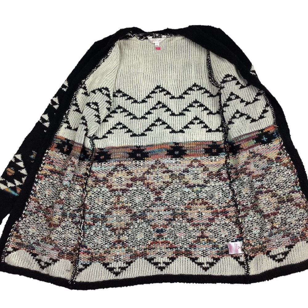 Long Aztec Western Open Front Cardigan Sweater Girls Jr M Women XS S Black Knit - Picture 6 of 15